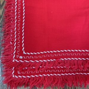 Vintage 42” Square Red Embroidered Fringed Tablecloth